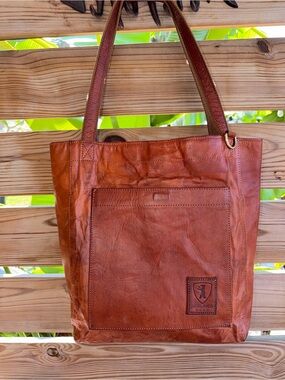 Leather Messenger Tote in Cognac Brown